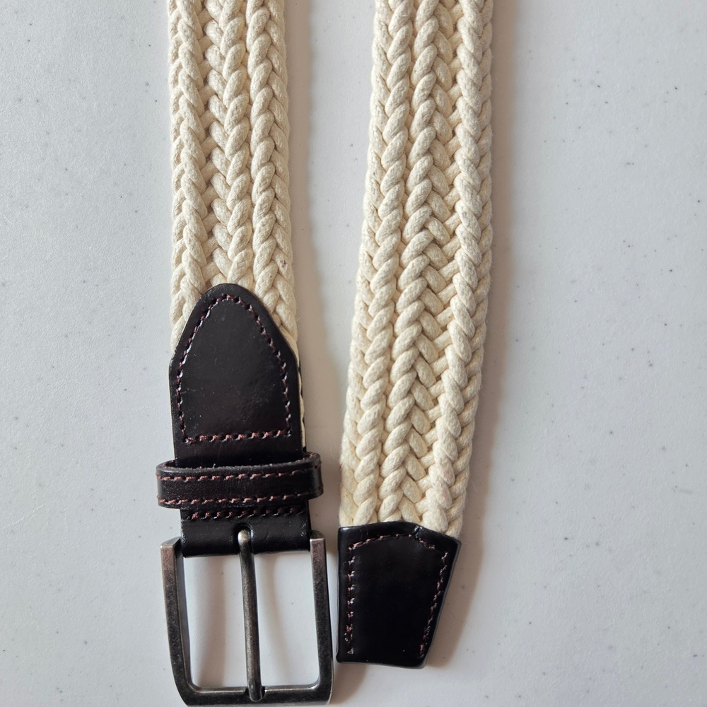 HM Mens Braided Rope Belt Cream Off White Brown Trim Woven 254835 Size M L 40in